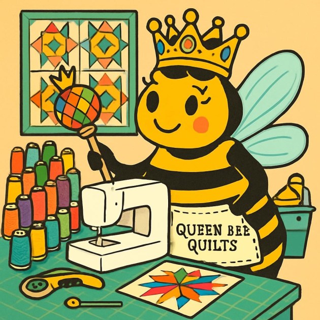 Woman wearing a patchwork dress and quilting crown holding a decorative scepter in sewing room